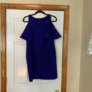 Royal blue cold shoulder cocktail dress.